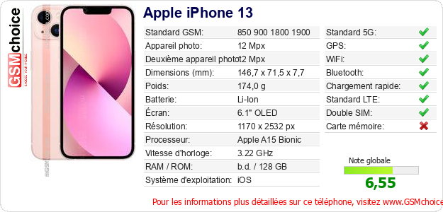 Apple iPhone 13 Fiche technique Apple iPhone 13 Fiche technique