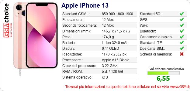 Apple iPhone 13 Dati tecnici di telefono cellulare 