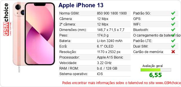 Apple iPhone 13 Especificações técnicas do telemóvel 