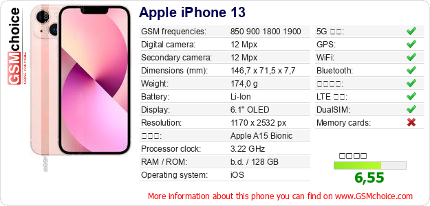 Apple iPhone 13 手機技術數據
