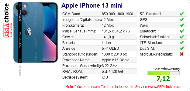 Apple iPhone 13 mini technische Daten Apple iPhone 13 mini technische Daten