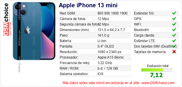 Apple iPhone 13 mini Datos técnicos del móvil Apple iPhone 13 mini Datos técnicos del móvil
