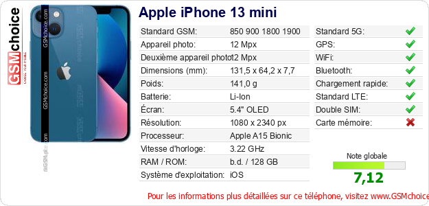 Apple iPhone 13 mini Fiche technique Apple iPhone 13 mini Fiche technique