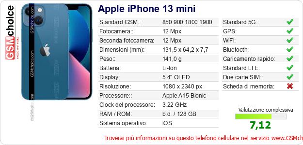 Apple iPhone 13 mini Dati tecnici di telefono cellulare 