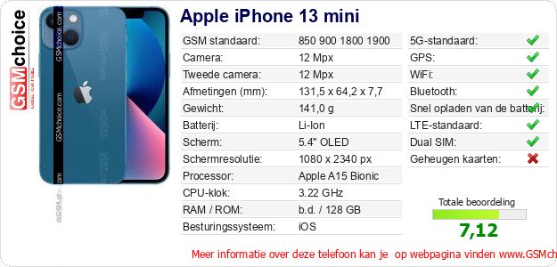 Apple iPhone 13 mini Technische gegevens 