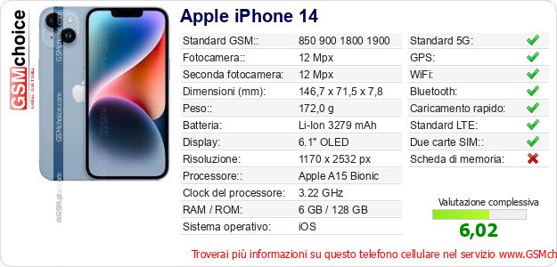 Apple iPhone 14 Dati tecnici di telefono cellulare 
