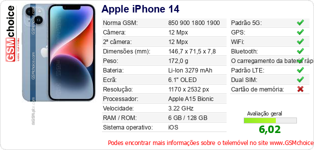 Apple iPhone 14 Especificações técnicas do telemóvel Apple iPhone 14 Especificações técnicas do telemóvel