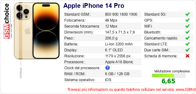 Apple iPhone 14 Pro Dati tecnici di telefono cellulare 