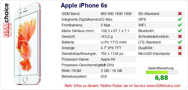 Apple iPhone 6s technische Daten Apple iPhone 6s technische Daten