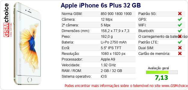Apple iPhone 6s Plus 32 GB Especificações técnicas do telemóvel Apple iPhone 6s Plus 32 GB Especificações técnicas do telemóvel