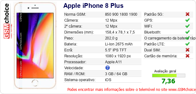 Apple iPhone 8 Plus Especificações técnicas do telemóvel 