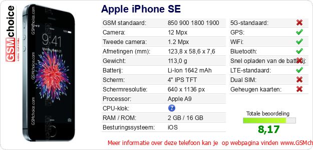 Apple iPhone SE Technische gegevens 