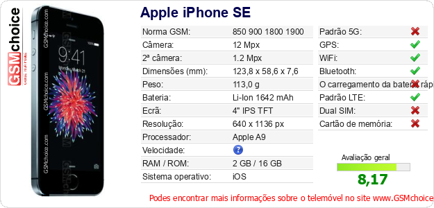 Apple iPhone SE Especificações técnicas do telemóvel Apple iPhone SE Especificações técnicas do telemóvel
