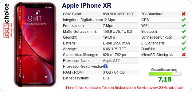 Apple iPhone XR technische Daten Apple iPhone XR technische Daten