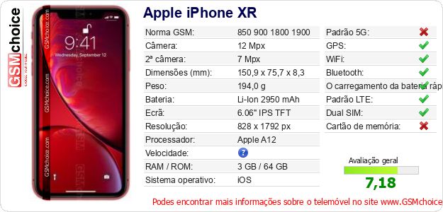 Apple iPhone XR Especificações técnicas do telemóvel Apple iPhone XR Especificações técnicas do telemóvel