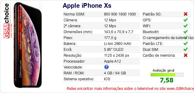 Apple iPhone Xs Especificações técnicas do telemóvel 