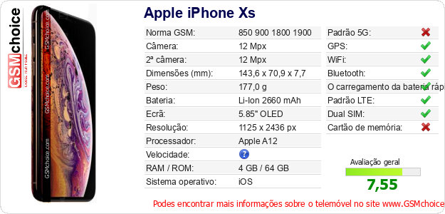 Apple iPhone Xs Especificações técnicas do telemóvel 