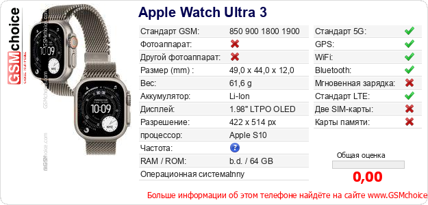 Apple Watch Ultra 3 Технические данные телефона Apple Watch Ultra 3 Технические данные телефона
