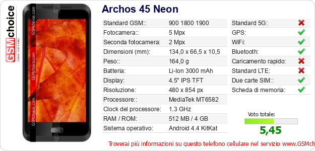 Archos 45 Neon Dati tecnici di telefono cellulare Archos 45 Neon Dati tecnici di telefono cellulare