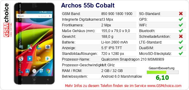 Archos 55b Cobalt technische Daten Archos 55b Cobalt technische Daten
