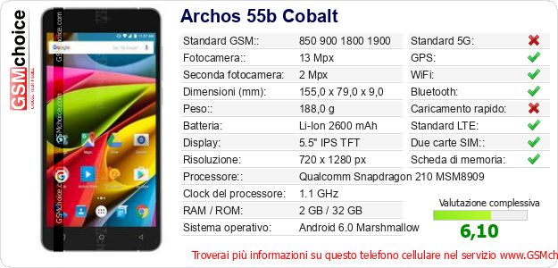 Archos 55b Cobalt Dati tecnici di telefono cellulare Archos 55b Cobalt Dati tecnici di telefono cellulare