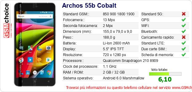 Archos 55b Cobalt Dati tecnici di telefono cellulare Archos 55b Cobalt Dati tecnici di telefono cellulare