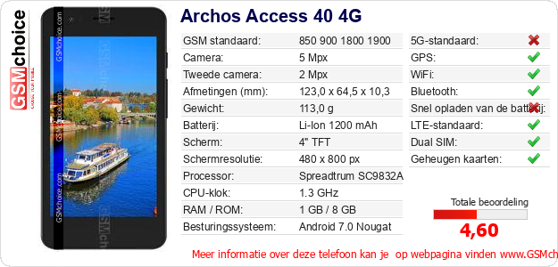 Archos Access 40 4G Technische gegevens Archos Access 40 4G Technische gegevens