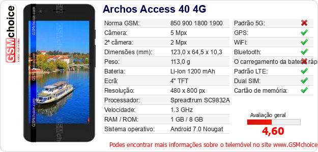 Archos Access 40 4G Especificações técnicas do telemóvel Archos Access 40 4G Especificações técnicas do telemóvel