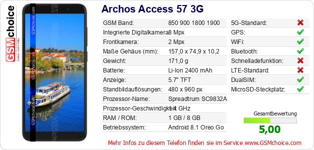 Archos Access 57 3G technische Daten Archos Access 57 3G technische Daten