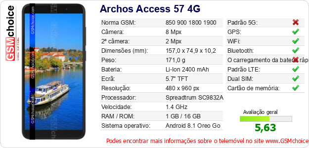 Archos Access 57 4G Especificações técnicas do telemóvel 