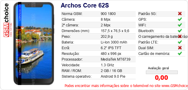 Archos Core 62S Especificações técnicas do telemóvel Archos Core 62S Especificações técnicas do telemóvel