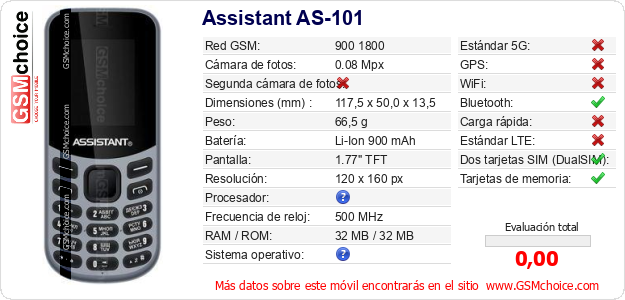 Assistant AS-101 Datos técnicos del móvil 