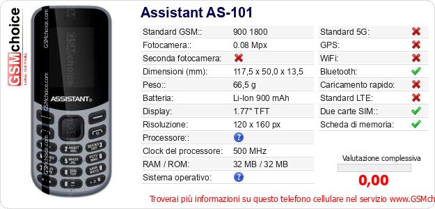 Assistant AS-101 Dati tecnici di telefono cellulare Assistant AS-101 Dati tecnici di telefono cellulare