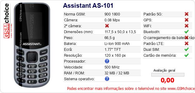 Assistant AS-101 Especificações técnicas do telemóvel 