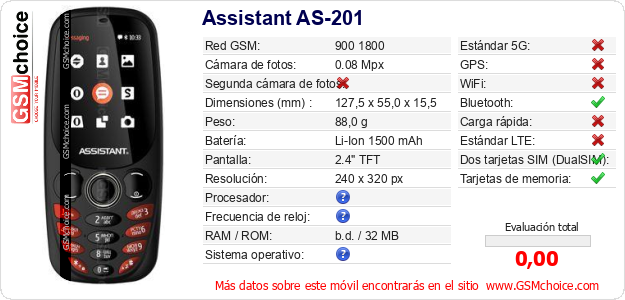 Assistant AS-201 Datos técnicos del móvil 