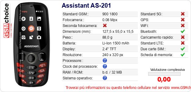 Assistant AS-201 Dati tecnici di telefono cellulare Assistant AS-201 Dati tecnici di telefono cellulare