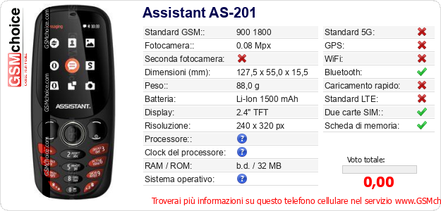 Assistant AS-201 Dati tecnici di telefono cellulare Assistant AS-201 Dati tecnici di telefono cellulare