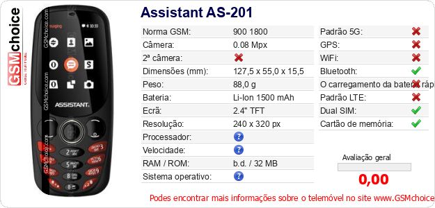 Assistant AS-201 Especificações técnicas do telemóvel 
