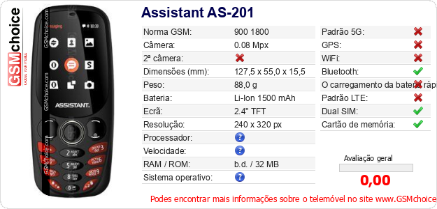 Assistant AS-201 Especificações técnicas do telemóvel Assistant AS-201 Especificações técnicas do telemóvel