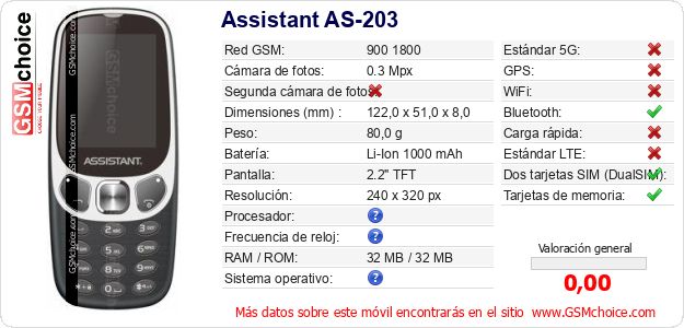 Assistant AS-203 Datos técnicos del móvil Assistant AS-203 Datos técnicos del móvil