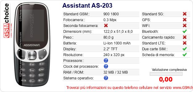Assistant AS-203 Dati tecnici di telefono cellulare 