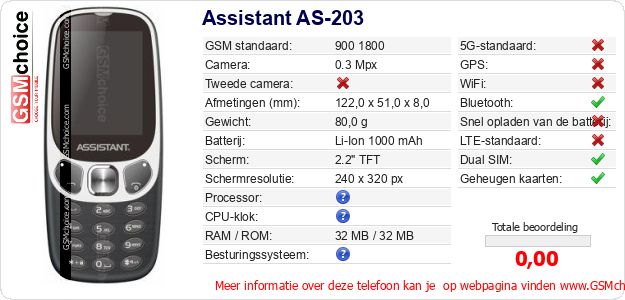Assistant AS-203 Technische gegevens Assistant AS-203 Technische gegevens