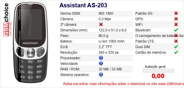 Assistant AS-203 Especificações técnicas do telemóvel Assistant AS-203 Especificações técnicas do telemóvel