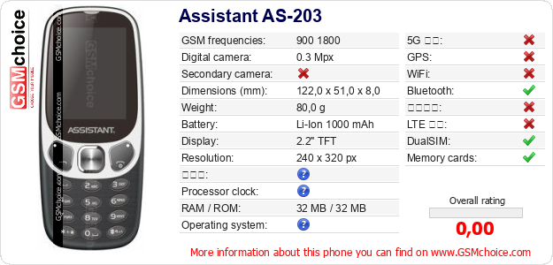 Assistant AS-203 手機技術數據