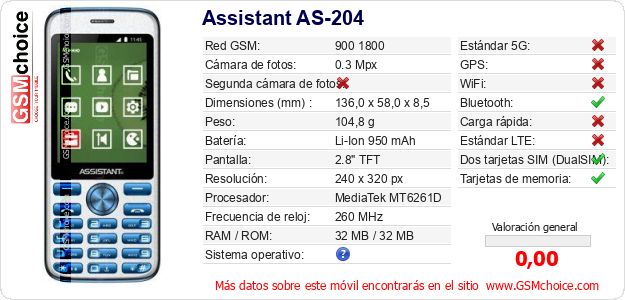Assistant AS-204 Datos técnicos del móvil Assistant AS-204 Datos técnicos del móvil