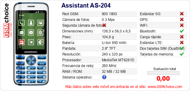 Assistant AS-204 Datos técnicos del móvil Assistant AS-204 Datos técnicos del móvil