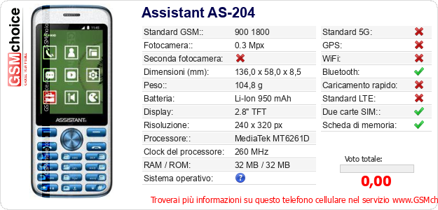 Assistant AS-204 Dati tecnici di telefono cellulare 