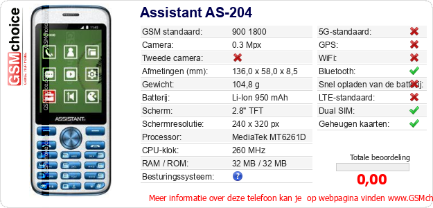 Assistant AS-204 Technische gegevens Assistant AS-204 Technische gegevens