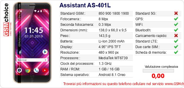 Assistant AS-401L Dati tecnici di telefono cellulare 