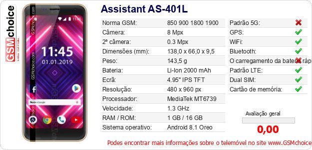 Assistant AS-401L Especificações técnicas do telemóvel Assistant AS-401L Especificações técnicas do telemóvel